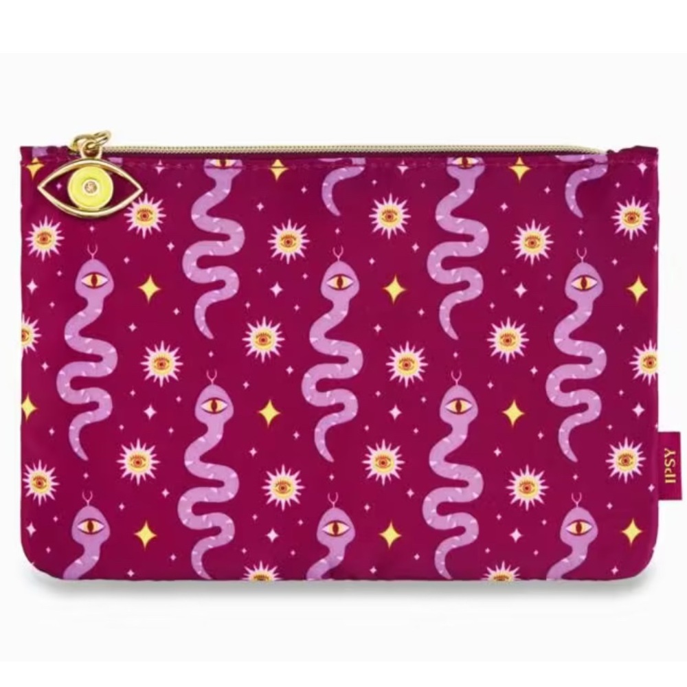 Ipsy deep berry snake-and-evil-eye print makeup bag with gold zipper pull